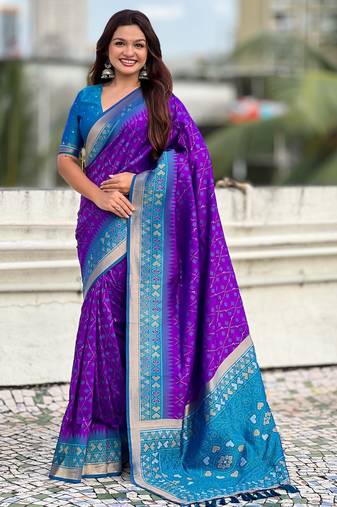 Purple color woven meenakari ikkat designer patola silk saree