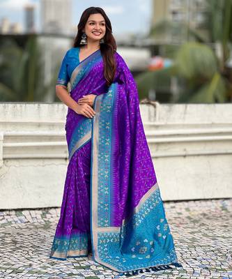 Purple woven meenakari ikkat patola silk blend saree 4