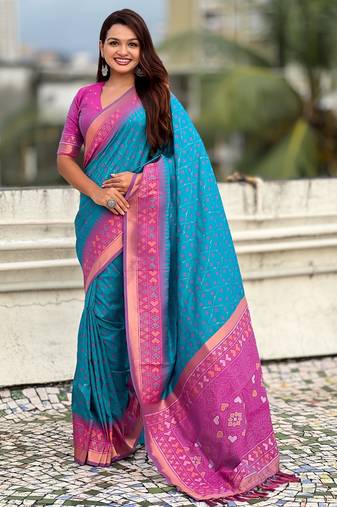 Sky blue color woven meenakari ikkat designer patola silk saree