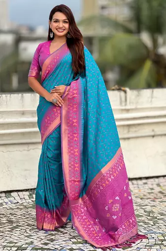 Sky blue color woven meenakari ikkat designer patola silk saree