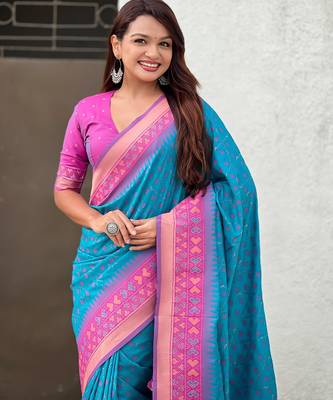Sky blue woven meenakari ikkat patola silk blend saree 3