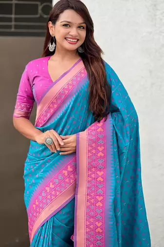 Sky blue woven meenakari ikkat patola silk blend saree