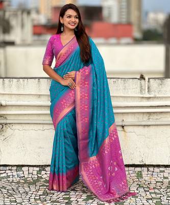 Sky blue woven meenakari ikkat patola silk blend saree 4