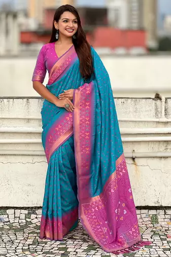 Sky blue woven meenakari ikkat patola silk blend saree