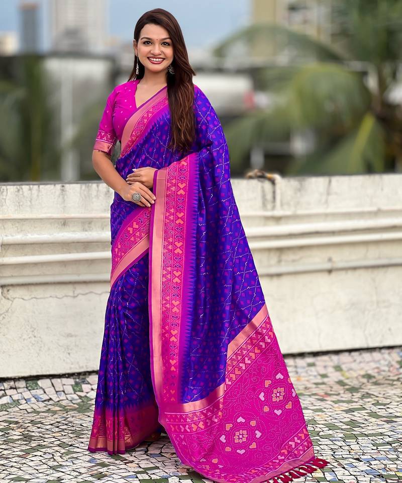 Violet color woven meenakari ikkat designer patola silk saree