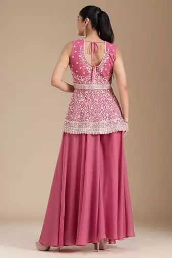 Pink color star georgette party wear designer peplum sharara set