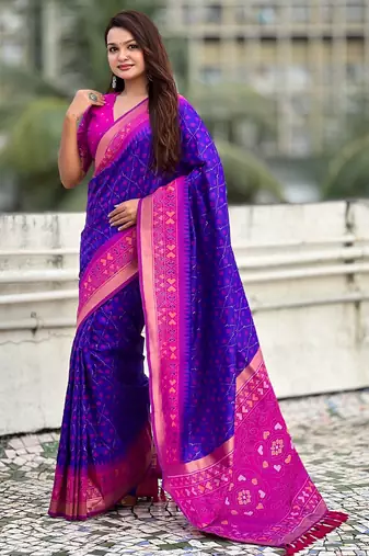 Violet woven meenakari ikkat patola silk blend saree