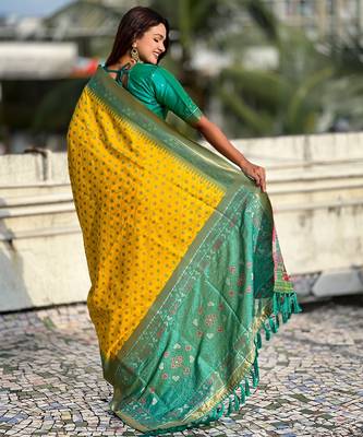 Yellow woven meenakari ikkat patola silk blend saree 2