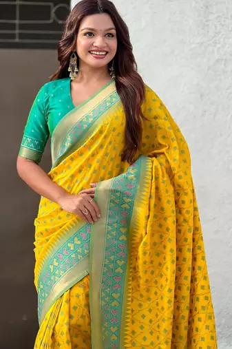 Yellow woven meenakari ikkat patola silk blend saree