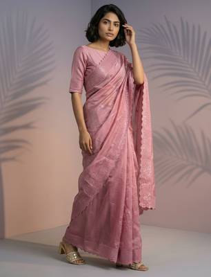 Coral rasberry silk blend embroidered girlie saree 1