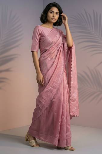 Coral color rasberry silk fabric beautiful embroidered girlie saree