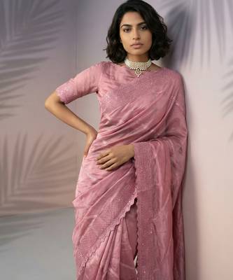 Coral rasberry silk blend embroidered girlie saree 3