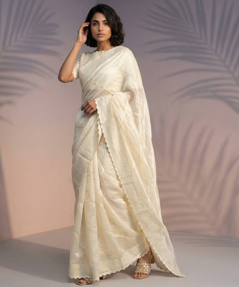 Cream color rasberry silk fabric beautiful embroidered girlie saree