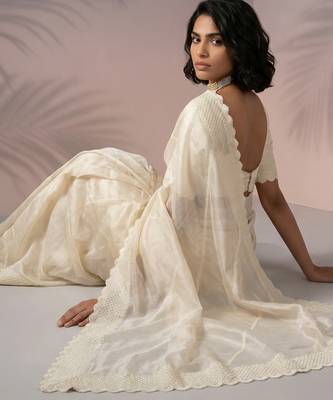 Cream rasberry silk blend embroidered girlie saree 5
