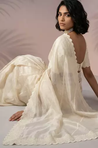 Cream rasberry silk blend embroidered girlie saree