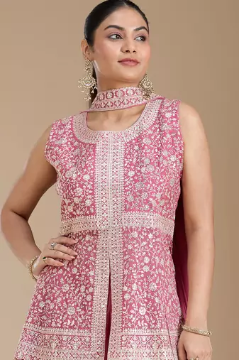 Pink color star georgette party wear designer peplum sharara set