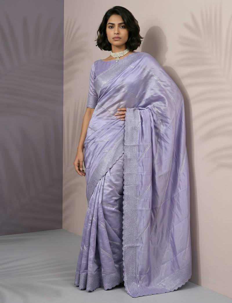 Lavender color rasberry silk fabric beautiful embroidered girlie saree