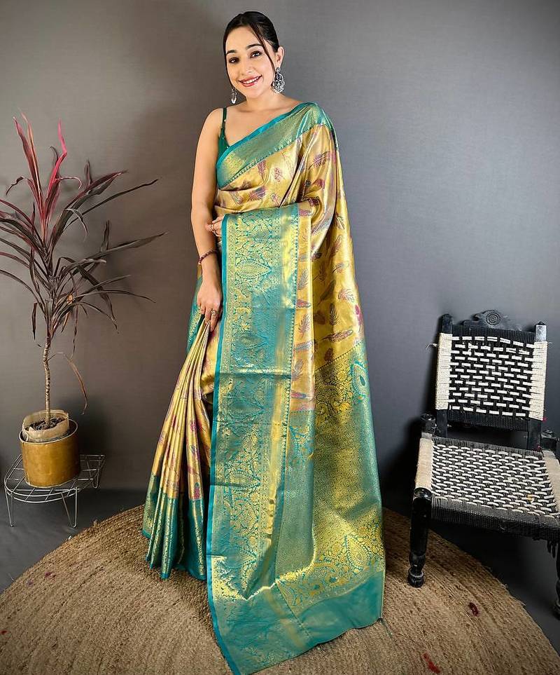 Yellow Color Weaving  Zari Border silk saree 