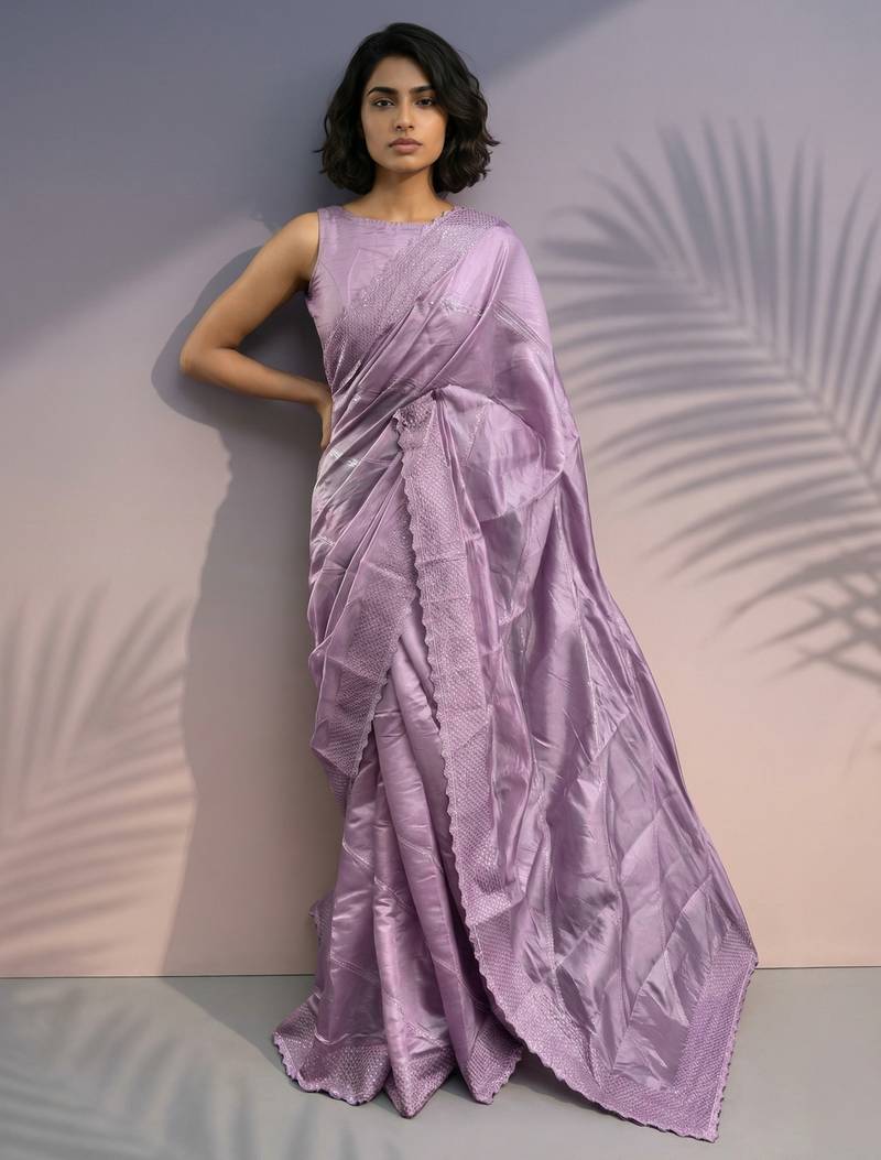 Mauve color rasberry silk fabric beautiful embroidered girlie saree