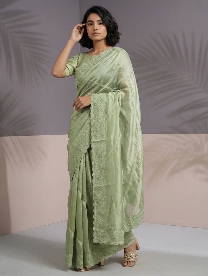 Pista color rasberry silk fabric beautiful embroidered girlie saree