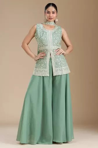 Teal color star georgette party wear designer peplum sharara set