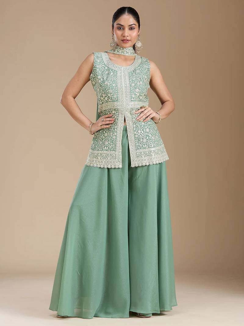 Teal color star georgette party wear designer peplum sharara set