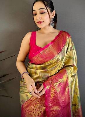 Golden Color Weaving  Zari Border art silk saree  1