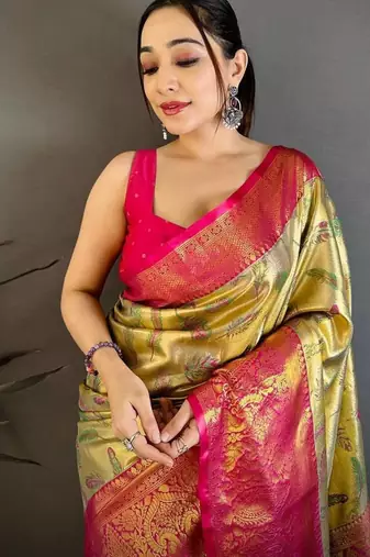 Golden Color Weaving  Zari Border silk saree 