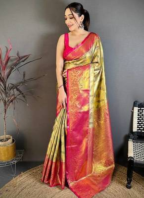 Golden Color Weaving  Zari Border art silk saree  2