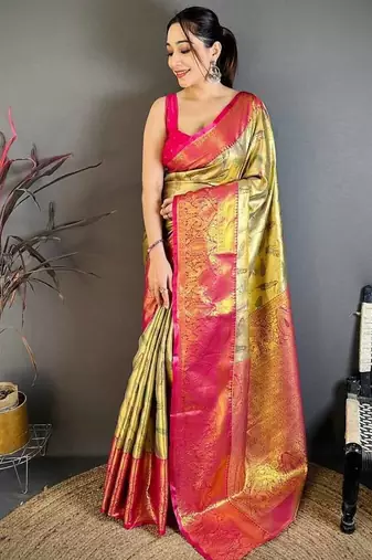 Golden Color Weaving  Zari Border art silk saree 
