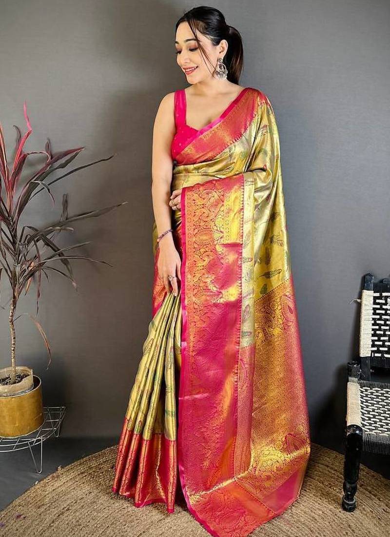 Golden Color Weaving  Zari Border silk saree 