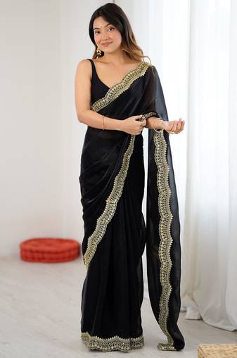 Black color stylish fendy satin silk fabric bollywood style saree