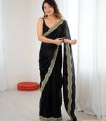 Black color stylish fendy satin silk fabric bollywood style saree