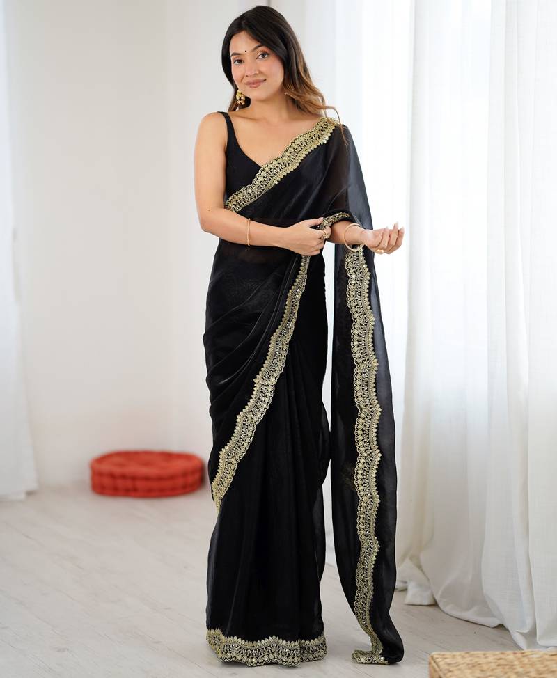 Black color stylish fendy satin silk fabric bollywood style saree