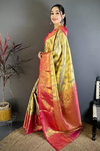 Golden Color Weaving  Zari Border art silk saree 