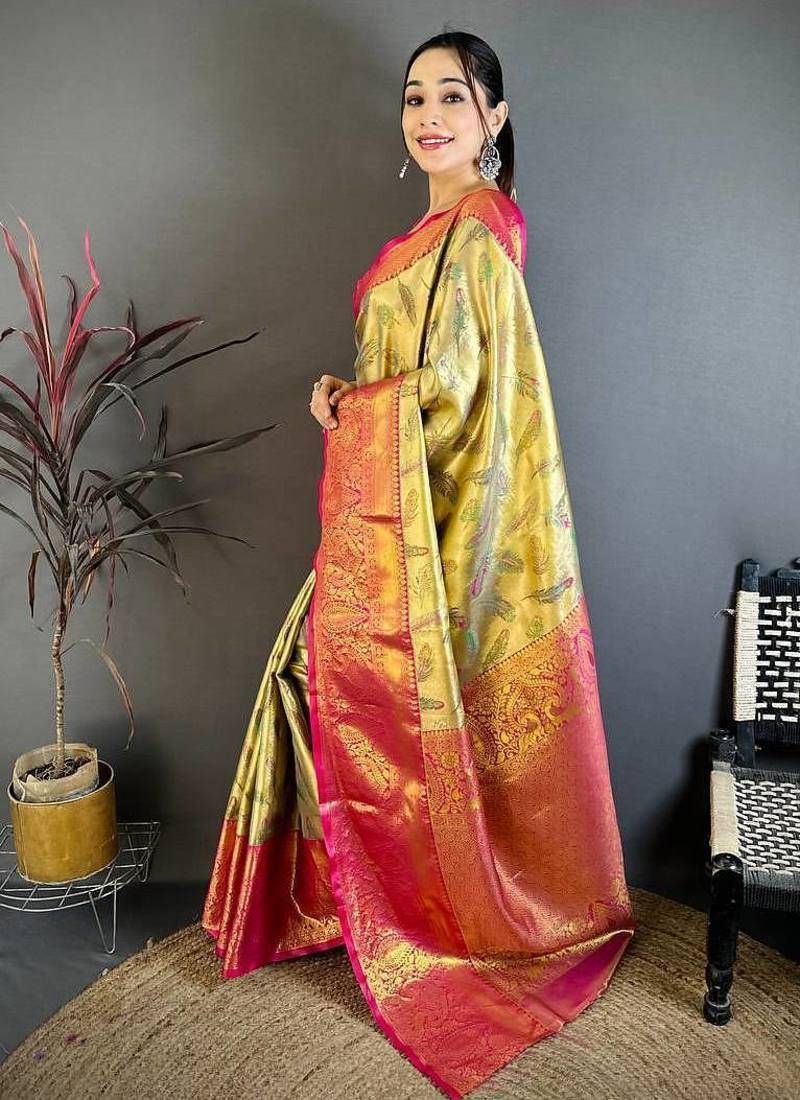 Golden Color Weaving  Zari Border silk saree 