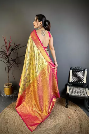 Golden Color Weaving  Zari Border art silk saree 