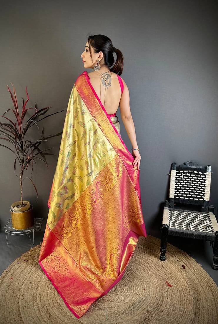Golden Color Weaving  Zari Border silk saree 
