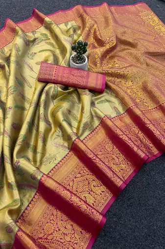 Golden Color Weaving  Zari Border art silk saree 