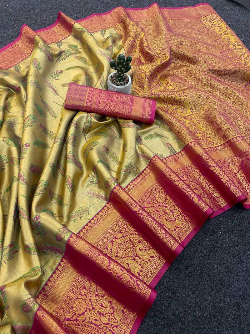 Golden Color Weaving  Zari Border silk saree 