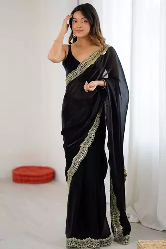 Black stylish satin silk blend style saree