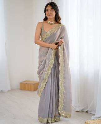 Beige stylish satin silk blend style saree 1