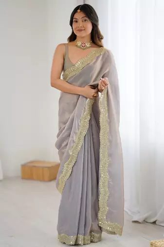 Beige color stylish fendy satin silk fabric bollywood style saree