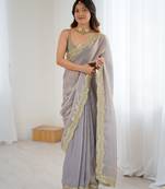Beige color stylish fendy satin silk fabric bollywood style saree
