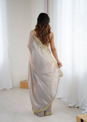 Beige stylish satin silk blend style saree 2