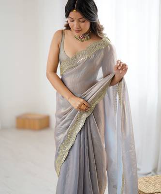 Beige stylish satin silk blend style saree 3