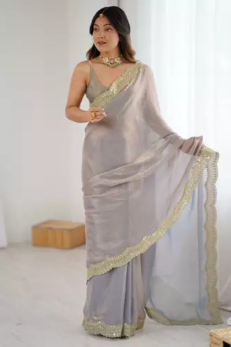 Beige stylish satin silk blend style saree