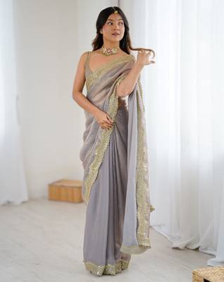 Beige stylish satin silk blend style saree 5