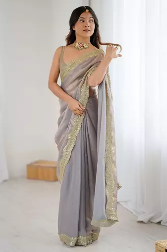 Beige stylish satin silk blend style saree