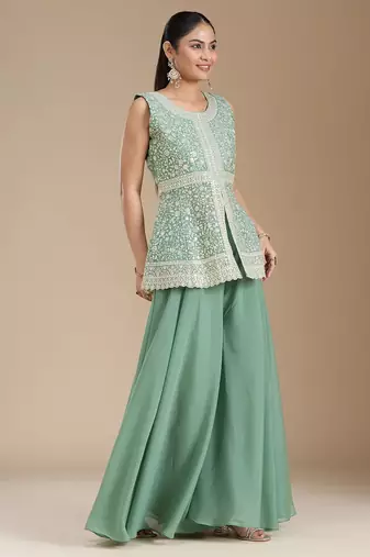 Teal color star georgette party wear designer peplum sharara set